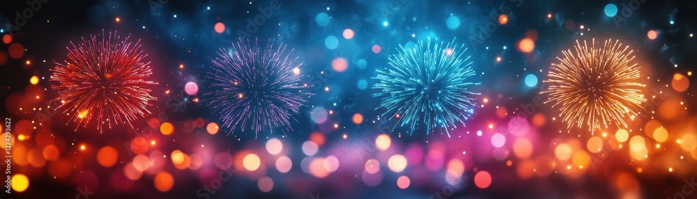 Poster festive fireworks display in blue sky with sparks and bokeh effects