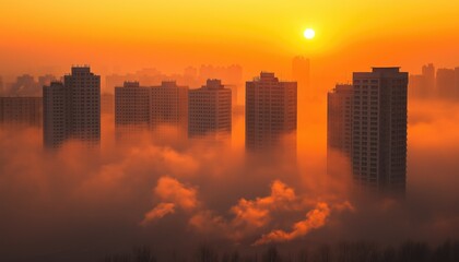 Fototapeta premium Polluted Air Over City Buildings at Sunset in Dense Orange Haze
