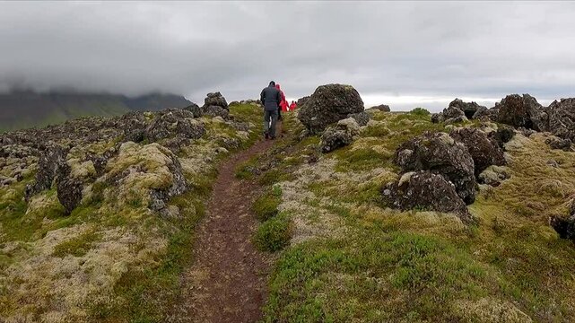 POV walking along a trail through lava fields in Iceland