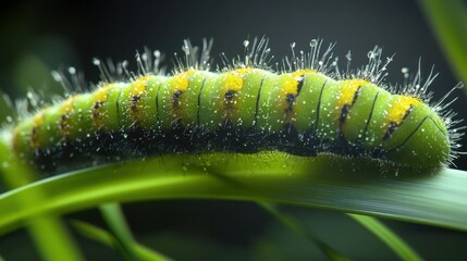 Naklejka premium Green hairy caterpillar crawling on blade, dew, macro, nature