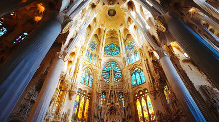 Stunning Interior View of Iconic Cathedral with Stained Glass Windows and Gothic Architecture : Generative AI