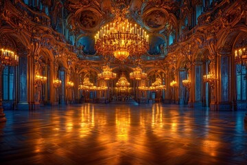 Obraz premium elegant ballroom in a grand palace, showcasing a golden theme with shimmering lights and luxurious decor, creating a breathtaking scene of opulence