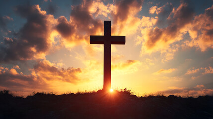 Silhouette of Wooden Cross Against Dramatic Sunset Sky Inspirational Christian Scene : Generative AI