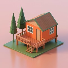 A lowpoly 3D model of a small orange house with a wooden deck and two green trees.