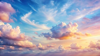 Obraz premium A delicate, wispy veil of pastel-hued clouds floats across a clear blue sky with hints of lavender and peach, casting a peaceful ambiance over the landscape , gentle hues, dreamy sky