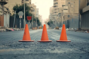 Three orange traffic cones on newly paved road in city.