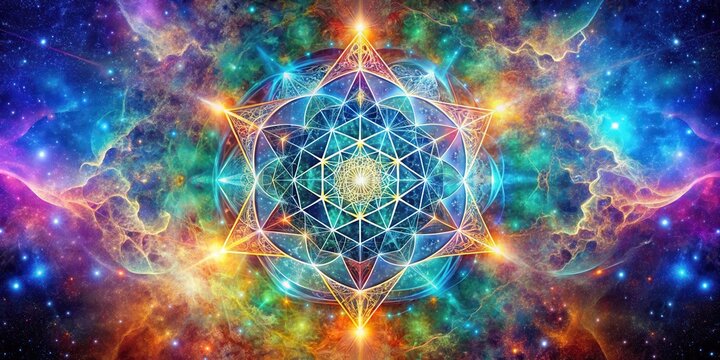 Celestial pattern with intricate Metatron cube design in vibrant cosmic colors, set against a swirling galaxy background