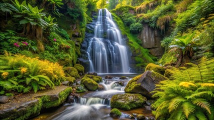 A tranquil waterfall cascades down a rocky slope surrounded by vibrant yellow and green foliage trees lush with ferns mosses and wildflowers , tree surroundings, forest floor