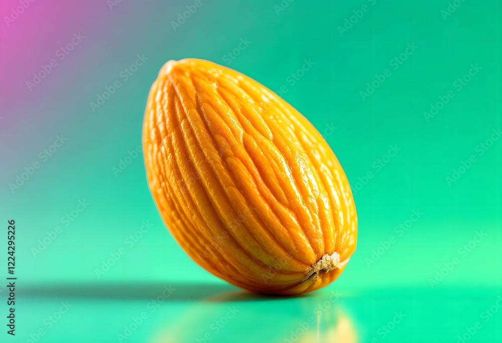 Poster close-up of a vibrant orange melon on a teal background. the fruit's juicy texture and bright color 