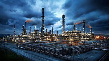 Obraz premium A striking image of a nighttime oil refinery surrounded by turbulent weather.