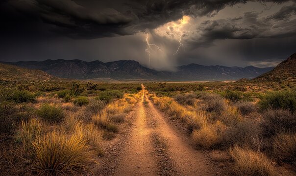 Dirt road through desert landscape with lightning storm over mountains
