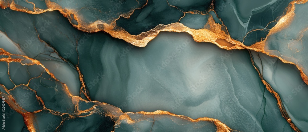 Poster abstract teal background with golden veins and fluid design creating a luxurious texture