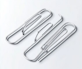 Two metallic paperclips interlocked on white background.