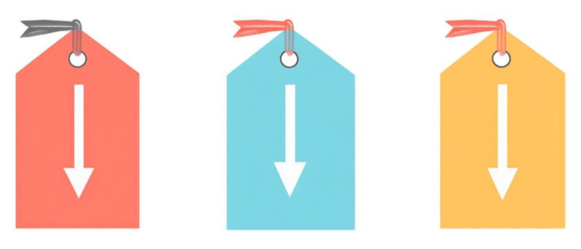 Three colorful price tags with downward arrows. Concept of sale, discount, price drop. - Powered by Adobe