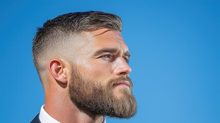 Obraz premium Man with beard, profile view, outdoors, clear sky