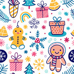 Obraz premium Festive Christmas seamless pattern with gingerbread men, gifts, and winter elements.