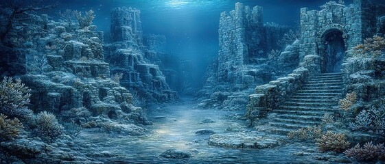 A dramatic underwater canyon background with towering coral-covered rock formations and a faint glow from the depths. Subtle currents stir particles in the water, adding a sense of scale and 