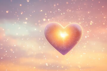 A glowing heart-shaped symbol suspended in mid-air against a soft pastel sky, surrounded by sparkling particles and gentle mist, creating a dreamlike, otherworldly ambiance