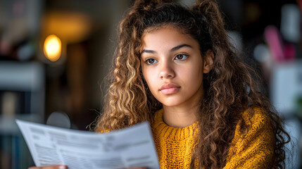 Thoughtful girl reading documents indoors