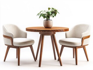 Elegant dining set with two chairs and a round wooden table with a plant on top against white