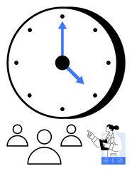 Large clock with blue hands, three team members, and doctor holding notes. Ideal for healthcare, scheduling, time management, teamwork, productivity, communication abstract line flat metaphor