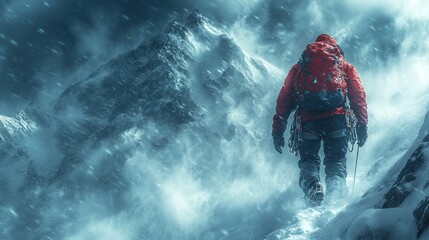 Climber Conquering Everest's Summit Amidst a Blizzard