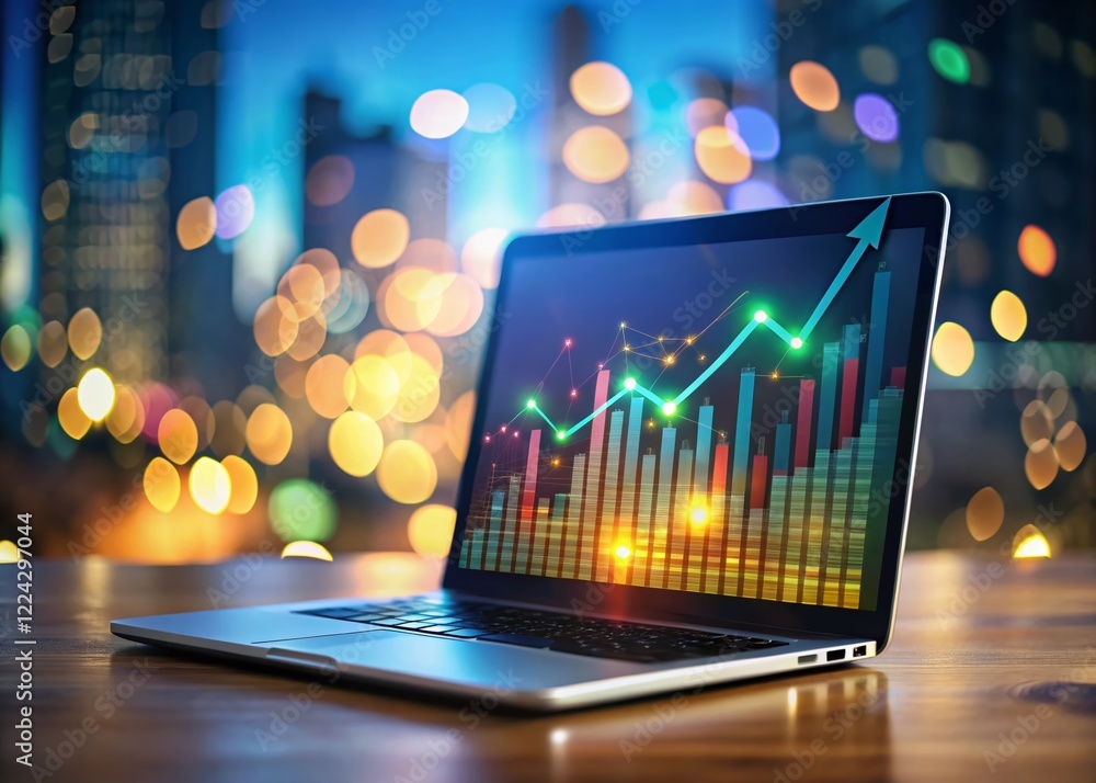 Aufkleber 3d business graph on laptop screen with bokeh background - stock photo