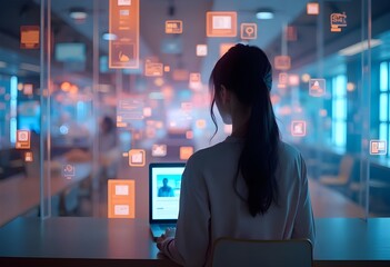 A person working on a laptop with a futuristic interface displaying various digital icons and data overlays
