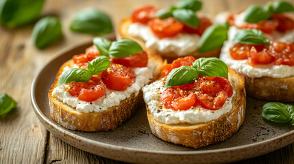 Fresh Tomato and Basil Toast on Rustic Wooden Table Setting