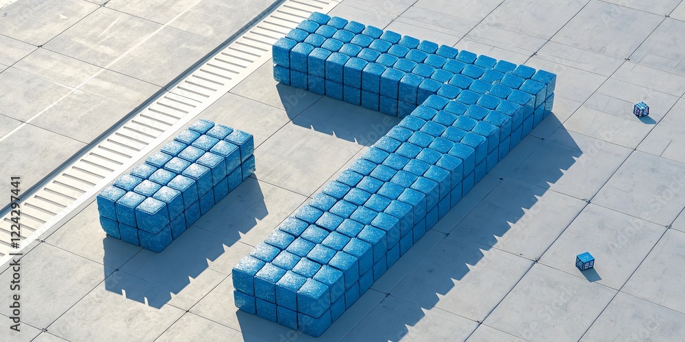 Poster 3d pixel art number seven: blue cube data block aerial view