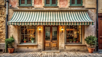 Fototapeta premium Old European shop facade with striped awning and vintage storefront decoration, old building, antique details