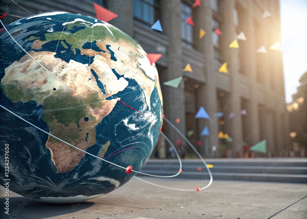 Poster 3d render: earth globe with abstract rotating shapes and lens flare - left composition