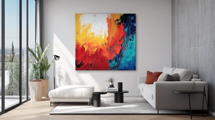 Modern minimalist living room interior design featuring a large abstract painting and soft neutral colors