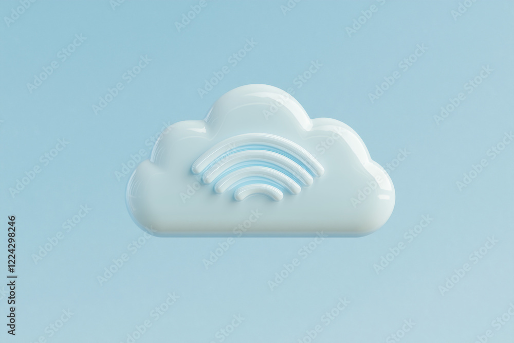 Poster cloud computing symbol: a light blue, 3d-rendered cloud icon with a wifi symbol embedded, suggesting