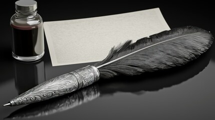 Quill pen, ink, paper, dark background, writing