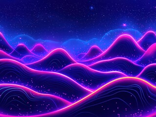 Obraz premium A futuristic horizon featuring radiant waves of light cascading over misty hills, with soft neon colors blending into the dark blue sky filled with faint stars and glowing particles, creating 
