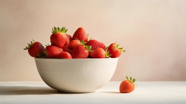 Fresh ripe strawberries in a white ceramic bowl with soft natural lighting and a minimalistic beige background. - Powered by Adobe