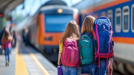 Obraz premium Two girls with backpacks are waiting for their train at a railway station, ready for a summer adventure