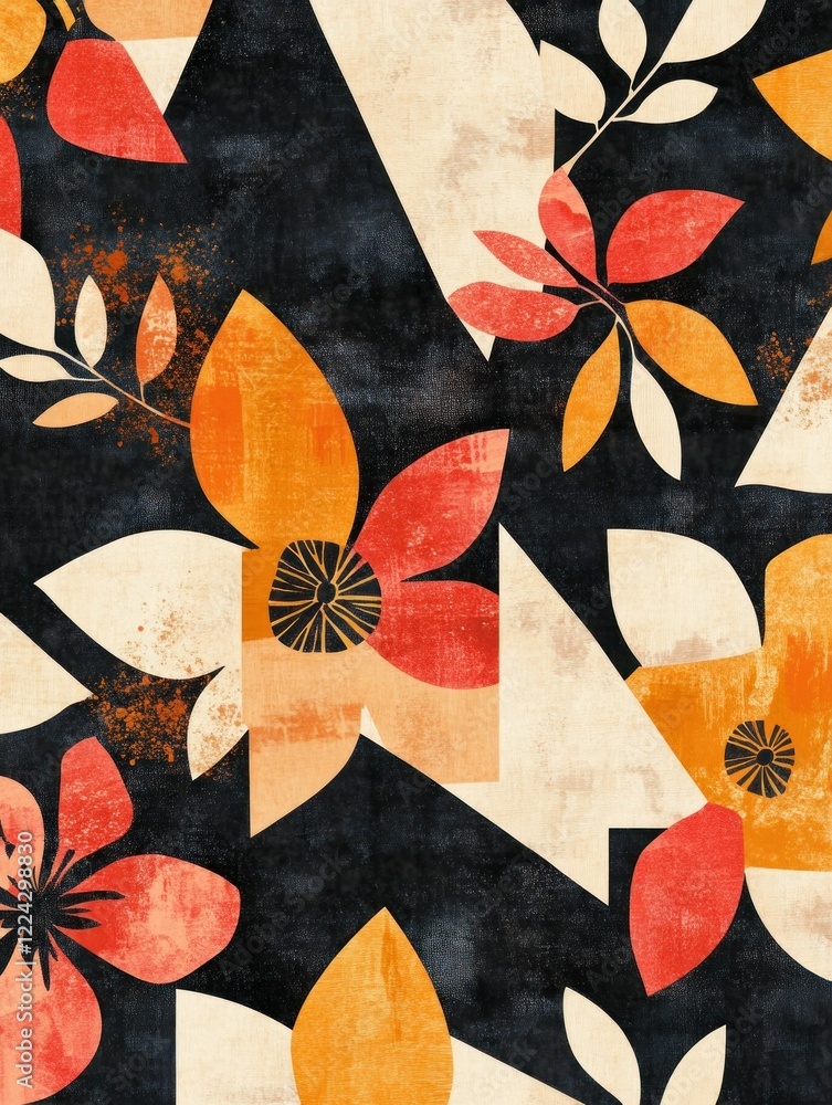 Poster abstract floral pattern with geometric shapes and textured background in warm tones