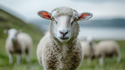 Fototapeta premium Close-Up of Sheep in Pasture with Soft Green Background and Lake