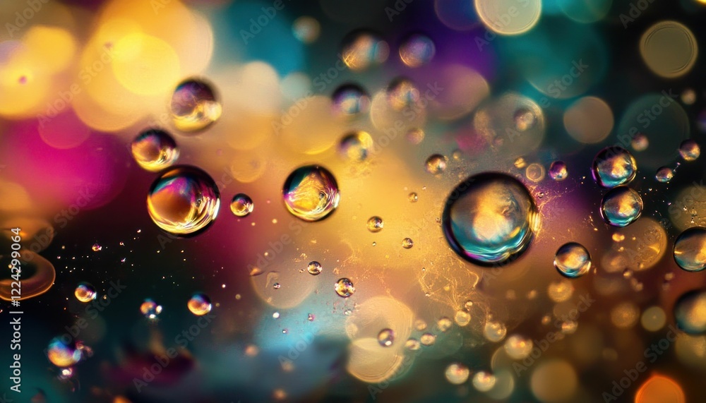 Poster abstract colorful bubbles on a swirling background with reflections and refractions