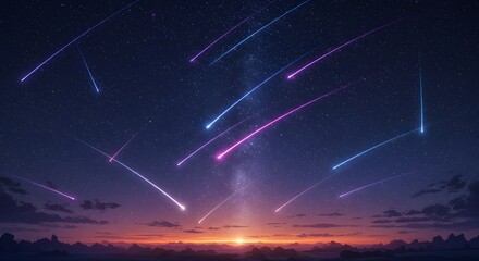 Naklejka premium Stunning Night Sky with Shooting Stars and Sunset Landscape