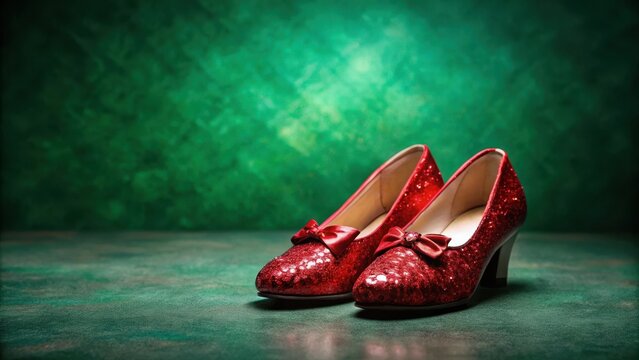 Dainty ruby red slippers standing upright on an emerald green background, with intricate details and a subtle sheen, as if ready for a magical journey , red shoes, fantasy