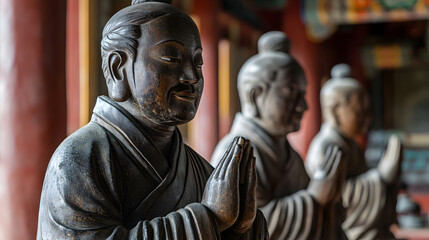 Serene Traditional Buddhist Statues in Prayer Pose in Ancient Temple : Generative AI