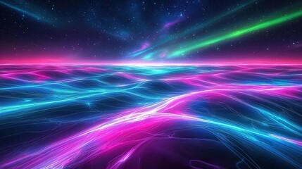 A glowing alien desert with smooth dunes radiating neon hues of pink, blue, and purple, illuminated by a futuristic twilight sky filled with stars and a faint aurora, creating an otherworldly 