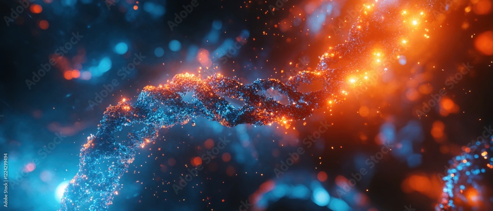 Poster abstract glowing dna strand with blue and orange particles on dark background with bokeh effect