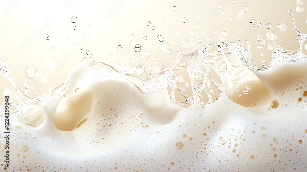 Poster close-up of creamy, frothy beverage surface with bubbling texture and light reflection, showcasing f