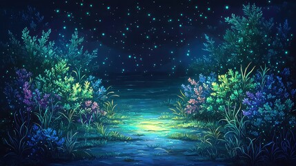 Naklejka premium A glowing bioluminescent reef background with vibrant coral structures and faintly glowing marine plants in shades of blue, green, and purple, set against the dark and tranquil depths of the 
