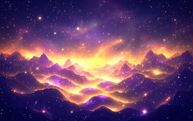 A glowing cosmic landscape with radiant light waves in shades of purple and gold flowing over a misty valley, illuminated under a starry night sky filled with shimmering particles, creating 