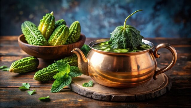 Aromatic, bitter gourd tea with natural ingredients and herbs, simmered in a copper pot
